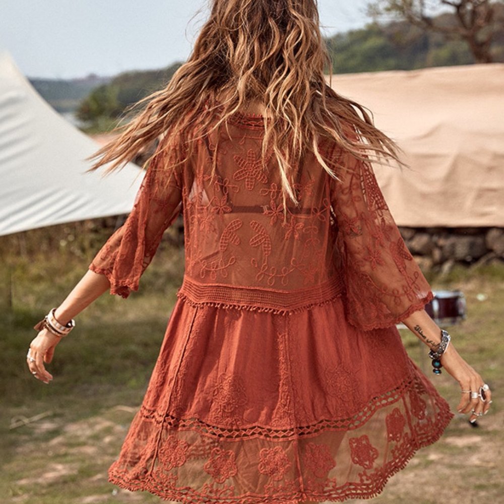 New Red Lace Crochet Boho Folk Tunic Blouse Top Cover-Up Womens - Picture 6 of 9